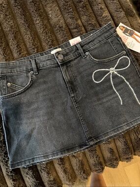 Milly Black Denim Mini Skirt with Crystal Bow Detail